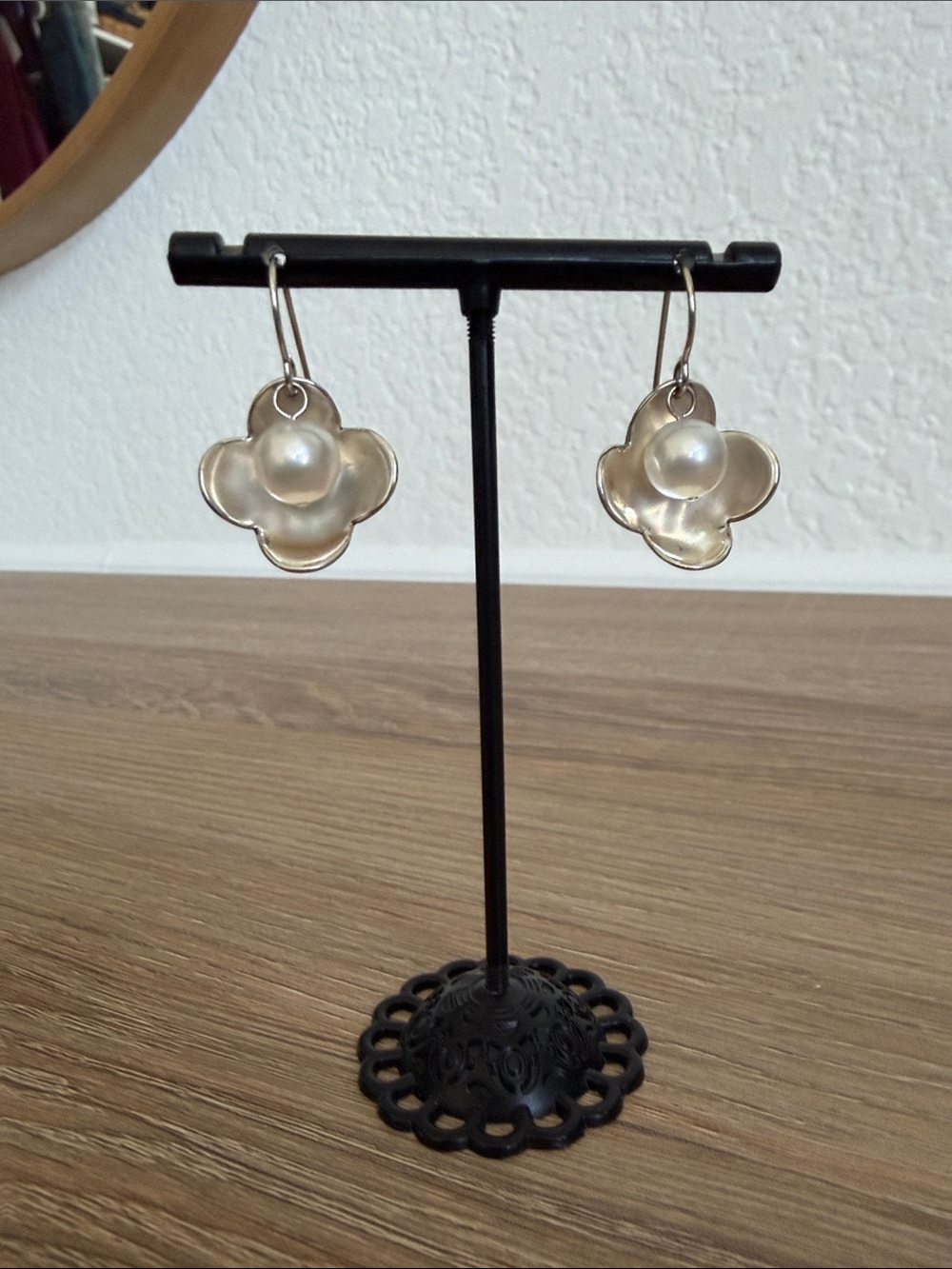 Sterling Silver Flower Drop Earrings with White Pearl Accent